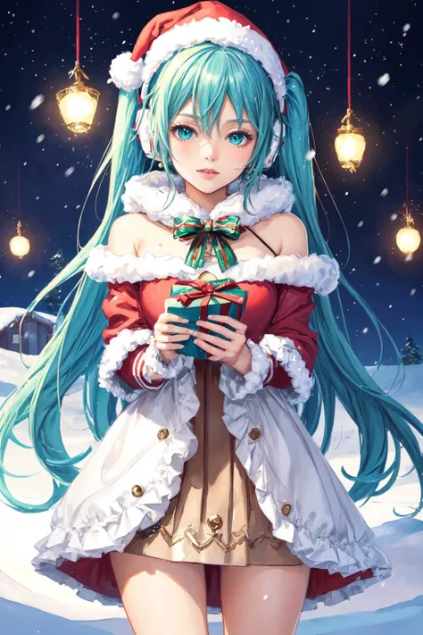 Detailed illustration of Miku from Vocaloid, in Santa's workshop at the North Pole. She is surrounded by snow with a magical Christmas feel. The artwork has a soft pastel color palette and intricate details. (Digital painting, concept art), <lora:epi_noiseoffset2:0.2>, <lora:more_details:0.2>