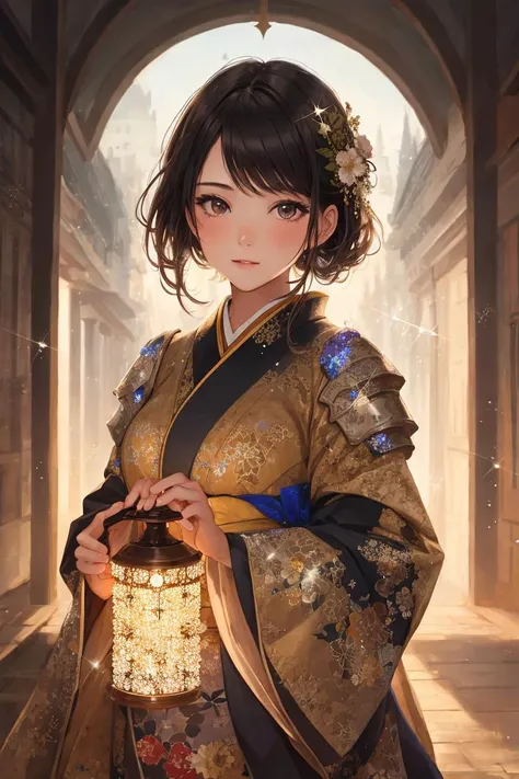 1girl, [ kimono | armor ], looking at viewer, natural studio lighting, [hyper intricate fine detail : amazing intricate finely detailed ], (sparkling:1.5), masterpiece, amazing intricate finely detailed, best brightness, volumetric lighting, ultra-HD, UHD, 8K, 16K