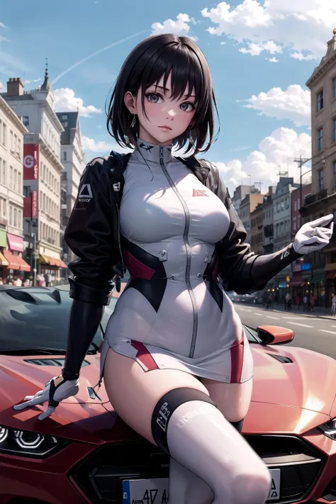 absurdres, best quality, 1girl, solo, looking at viewer, eye focus, <lyco:GoodHands-beta2:1.0>, <lora:RQueen:0.8>, RQueen, WCar, (sports car:0.2), (race queen:0.2),