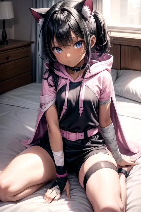 masterpiece, best quality, (beautiful eyes:1.3),
night, isekai, bedroom, cuffs, wrist bands, ankle band, tattoo, dark skin, shadows,
1girl solo, (pink hoodie:1.3), (bandages:1.3) on legs, barefoot, (black shorts:1.3), leg warmers, cape with blades, face mask, cat tail, medium breasts, belt,
<lora:add_detail:1>,
<lora:body_size_control_V2:2>,
<lora:Seiza:1> seiza, from above, on back, spread legs