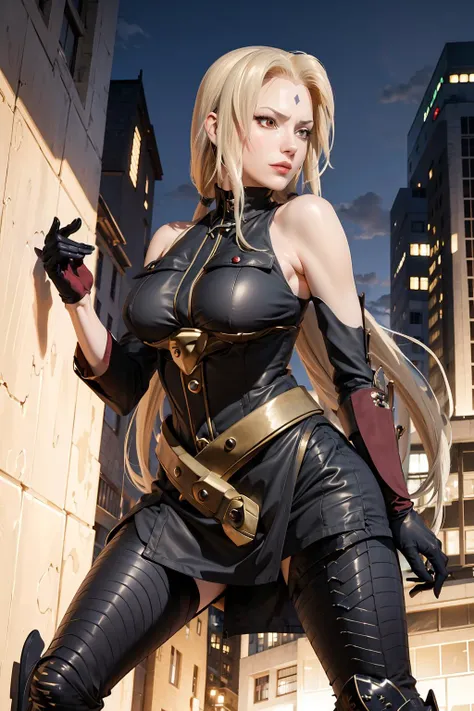 masterpiece, best quality, <lora:selvaria-nvwls-v2:1> black shirt, bare shoulders, detached sleeves, belt, black pants, black gloves, high heel boots, <lora:Anime_Naruto_Tsunade:0.85> tsunadens, mature_female