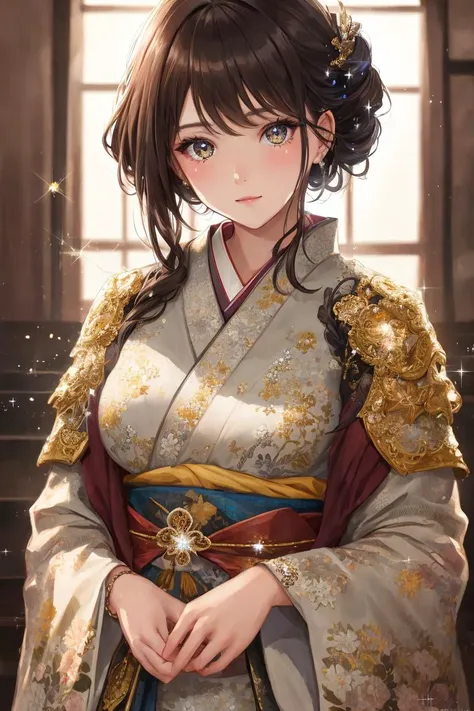 1girl, [ kimono | armor ], looking at viewer, natural studio lighting, [hyper intricate fine detail : amazing intricate finely detailed ], (sparkling:1.5), masterpiece, amazing intricate finely detailed, best brightness, volumetric lighting, ultra-HD, UHD, 8K, 16K