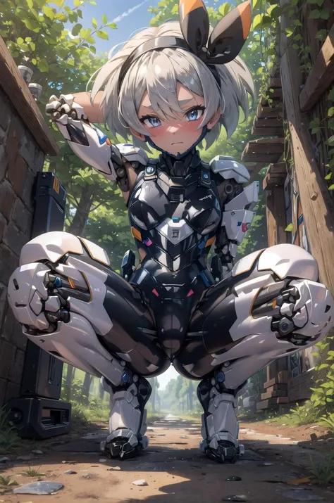 (masterpiece,best quality, detailed), 1girl, solo, outdoors, forest, from below, squatting, closed mouth, blush, nose blush, embarrassed, arms behind head,
bea \(pokemon\), bow hairband, black bodysuit, single glove, knee pads, barefoot, collarbone, <lora:SaitouV1-000013:0.6>, <lora:mecha_offset:1.5>, mecha musume, fortified suit, robot joints