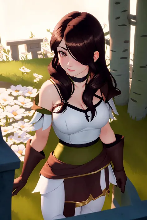 {Kagero (Fire Emblem)}, masterpiece, ultra-detailed, stunning art, illustration, 8k cg wallpaper, 1girl, solo, standing on sidewalk, from above, selfie, close to face, looking at viewer, {background: street, street lamps, mailbox, flowers, trees}, perfect anatomy, pretty face, shy smile, blushing heavily, sparkling eyes, deep dark brown eyes, beautiful detailed eyes, dark brown hair, long hair, hair covering one eye, ponytail, pretty hair accessories, pretty choker, fit body, large breasts, low-cut spaghetti strap tank top, revealing top, see down shirt, cleavage, pretty belt, perfect hands, perfect fingers, pretty arm accessories, pretty hand accessories, nice hips, nice thighs, perfect legs, mini-skirt, thigh-high socks, pretty sneakers, bright and sunny day, dynamic lighting, cute, pretty, beautiful, sexy, perfect body, <lora:Arise:1>