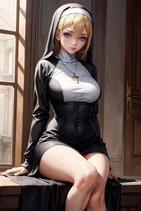 (best quality, masterpiece), highly detailed, <lora:add_detail:0.6>, necklace, large breasts, nun, blonde hair, hair between eyes, own hands together, sitting