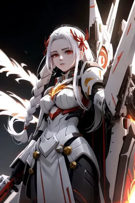 anime game, close up, a beautiful woman with white face and white hair in a braid and red forehead ribbon, she is wearing a white futuristic darkness god radiance god mech armor burning and smoking destroyed radiance boss golden Titan Cyberpunk Venom Evangelion mech wreck with red trim, she is standing, sunlit, weak lights and shadows, tree canopy