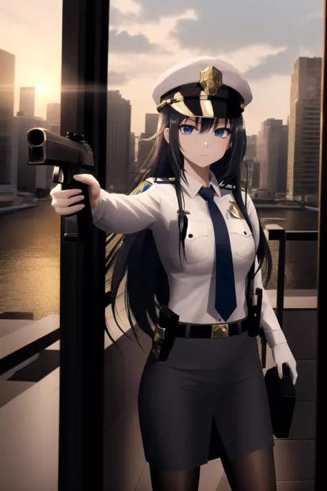 masterpiece,best quality,extremely detailed 8K wallpaper,long_hair,
1girl,Pu1,tie,white shirt,looking at viewer,police hat,upper body,light_frown,
city,building,