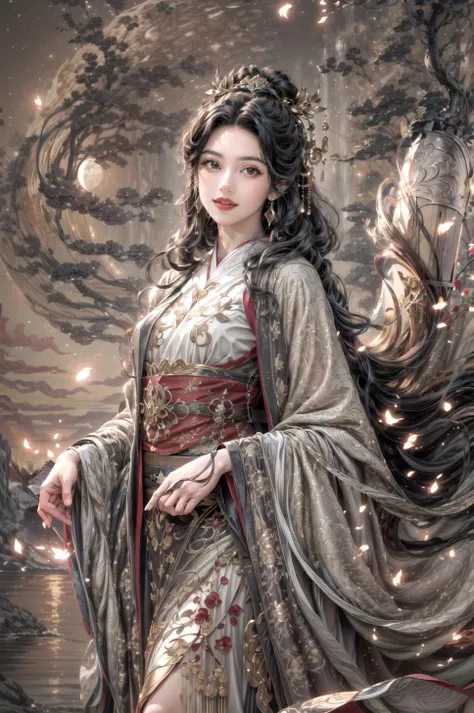 <(best quality, extremery best quality, masterpiece:1.4), (realistic, intricate details:1.4), (photorealistic:1.4), (extremely intricate:1.4), highres, ultra highres, ultra detailed, ultra-detailed, absurdres, incredibly absurdres, extremely detailed, high quality, high resolution, hyperrealistic, ultra-realistic, hyper-detailed, top quality, best, fine detail, massive detail, Highly detailed, extreme detailed, highest detailed, high-res, absolutely resolution, reflection, (refraction:1.4), (hyperrealism:1.4), ultra realistic details, highly intricate details>, BREAK, (1girl:1.3), solo, looking at viewer, (young cute beautiful 18-year-old girl:1.4), 3d face, (hand of Guido Daniele:1.4), beautiful girl, Beautiful face, pretty, girlface, kpop idol, supermodel, stunning innocent symmetry face, perfect body, medium breast, slim waist, slim legs, (high detailed skin:1.5), glowing eyes, goddess, natural skin texture, shiny skin, White skin, Beautiful detailed face, detailed face, real skin texture, cute delicate face, finely detailed face, golden ratio, golden ratio face, expressive eyes, perfect face, perfect skin, flawless face, clear face, shiny hair, pale skin, Proper body proportion, perfect anatomy, realistic skin texture, luscious lips, glossy lips, natural makeup, beautiful bright pupils, slender figure, intricate eyes, detailed pupils, detailed face and eyes, longeyelashes, blush, good hand, perfect hands, pretty face, beautiful female bodies, finely detailed skin, oily shiny skin, clean facial features, an extremely delicate and beautiful, cute & girly, beautiful detailed eyes, stars in the eyes, detailed simmetric eyes, perfect smooth skin texture, BREAK, (((((brilliant colors, (joshua middleton comic cover art, theater dance scene, hypermaximalist, ink painting, instagram contest winner, model pose, fashion color scheme, trending on cgsociety, playful illustrations, imaginative overlays, artistic fusion, fantastical scenes, evocative narratives, striking visuals:1.3), (Glowing ambiance, enchanting radiance, luminous lighting, ethereal atmosphere, mesmerizing glow, evocative hues, captivating coloration, dramatic lighting, enchanting aura:1.2), (moon, palace, Hibiscus, nymphaea, plum blossoms, a girl in hanfu, melanchonic soft light, photorealistic faces, moody lighting:1.4), (night, Night time, moon light, Golden Hour, sky, landscape, stars, starry, galaxy sky, milky way, night sky full of stars:1.2), (dancing, mountain, river, old tree, Ribbon, Elegant, She soared through the air in her flowing dress and fluttering ribbons, Graceful and graceful, pine trees, birds, moss, there is orange cat sitting near girl:1.2), (hanfu, ornaments detailed, traditional clothes, braids, water, jewelry, chinese clothes, earrings, sash, long sleeves, tree, petals, hair ornament, floating hair, dress, rock, falling petals, flower, chinese traditional architecture, ancient art, chinese style, Chinese, lake background, chinese buildings, misty lake, ancient chinese background, after the rain, wet grass and trees, waterfall, flying splashes, flying petals, leaves, bloom, bloom effect, surrounded by heavy floating petal flow, petal, leaves falling from the tree, peaceful atmosphere, mountainous backdrop, authentic cultural experience, quiet whispers, hushed conversations, tranquil silence, crisp air, soulful melodies, a sense of belonging, bonding with nature, quiet reflection, random patterns, energetic movement, bold colors, dynamic texture, spontaneous creativity:1.2), (smile, blush, Pink hair, Pink eye, long hair, Pink eyelashes, Pink lips, Pink lip colour, Eyes glowing Pink, flat bangs, happy expression, warm smile, cute smile, smiling:1.4), (long_hair, mountain background, forest, river in background, landscape, water reflection, outdoors:1.3), (mountains, breeze, dust is drifting, ethereal, scenery, nature, mysterious background, fog, wind:1.2), (iridescent colors, Iridescence, mysterious, fantasy background, fantasy, open mouth:1.2), (Luminescent Particles:1.3), (fullbody:1.2), (eye focus, face focus, character focus, close-up face:1.2), (dutch angle, cowboy shot:1.3), colorful refraction)))), BREAK, <hyper realistic DSLR photo, Nikon D5, cinematic portrait, portrait, ultra sharp, analog film photography, film emulation, bokeh, blurry noise background, watercolor, available light, detailed light, volumetric fog, beautiful lighting, Rembrandt lighting, Cinematic, pixel art, game art, key visual, surreal, PBR Texturing, Anisotropic Filtering, Maximum Clarity And Sharpness, Albedo And Specular Maps, Multi-Layered Textures, Surface Shading, Sub-Pixel Convolution, Sub-Pixel Convolution, Accurate Simulation Of Light-Material Interaction, blurry foreground, broad light, volumetric light effect, matte painting, perfectly defined features, volumetric lighting, Tone Mapping, Lumen Reflections, Global illumination, Ray Tracing, Screen Space Global Illumination, Accent Lighting, 32k, Natural Lighting, volumetric, cinematic masterpiece, Rule of thirds, high dynamic range, Multi-exposure HDR capture, cinematic render, game cg cinematic, atmospheric perspective, movie scene, epic dynamic frame, motion blur, ((cinematic look, Film look)), rim light, 4k textures, adobe lightroom, photolab, insane details, hyperdetailed, exposure blend, professional color grading, professional color correction, aerial perspective, particles and dust in beams of light, cinematic scene, dynamic lighting, sharp details, lomography, soft focus, light leaks, bold hues, atmospheric depth, (explosive light and shadow:1.2), aesthetics, intricate designs, ultra realistic digital art, (zentangle, mandala, tangle, entangle), (fractal art), elegant, vivid colours, floating particles, particles, dramatic, epic, (ink drawing, oil painting detailed), RAW, huge filesize, extremery detailed CG, Photo, 8k uhd, cinematic atmosphere, trending on artstation, award-winning glamour photograph, highly detailed photo, official art, beautiful and aesthetic, unity 8k wallpaper, beautiful, highly detailed CG illustration, best illustration, intricate, Amazing, emotional, analog, painting, digital painting, concept art, Oil Painting, illustration, Classical art, Renaissance, Romanticism, Neoclassicism, Color Palette, depth and contrast, Vibrant colors, saturated, rich saturation, color harmony, vivid palette, concept-art, design style, detail character, concept render, colorful, analog photography, dreamy atmosphere, specular highlights, atmospheric lighting, (dynamic angle, dynamic pose :1.3), (shiny, clothes reflecting light, lens flare, bloom effect, light particle, lens glare:1.3), realistic light, realistic lighting, cinematic light, (cinematic lighting), light in the face, soft lighting, saturated colors, detailed background, sharp focus, 8k high definition, perspective, Master Composition, roughness, post-processing, soft shadows, realistic shadows, ambient occlusion, ray-tracing, subsurface scattering, photon mapping, physically-based rendering, octane rendering, unreal engine 5, ue5 rendering, Adobe After FX, dslr, RTX, Best character details, radiosity, sharp, antialiased, RAW photo, HDR, 8k, 4k, (((Photographed by Roger Deakins, using a RED Monstro 8K VV camera and a series of high-end lenses))), ((Hasselblad photography)), (film grain:1.4), Kodak portra 400, ((Fujifilm X-T5)), professional photograph, depth of field, caustics, Broad lighting, diffuse lighting, rim lighting, two tone lighting, textile details, visible pores, high resolution scan, professionally color graded, photographic reality, automatic white balance, best lighting, detailed shadow, high contrast, strong light and shadow>, (PureErosFace_V1:0.3), (ulzzang-6500:0.7), <lora:epiNoiseoffset_v3:2>, <lora:add_detail:0.7>, <lora:hipoly_3dcg_v7-epoch-000012:0.7>, (kbxll:0.7), <lora:more_details:0.7>, <lora:anxiang:0.55>