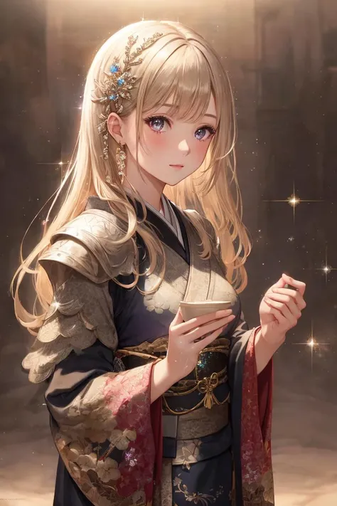 1girl, [ kimono | armor ], looking at viewer, natural studio lighting, [hyper intricate fine detail : amazing intricate finely detailed ], (sparkling:1.5), masterpiece, amazing intricate finely detailed, best brightness, volumetric lighting, ultra-HD, UHD, 8K, 16K
