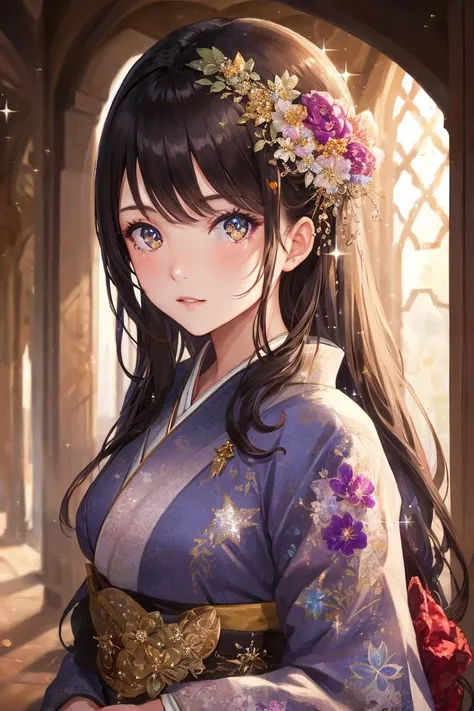 1girl, [ kimono | armor ], looking at viewer, natural studio lighting, [hyper intricate fine detail : amazing intricate finely detailed ], (sparkling:1.5), masterpiece, amazing intricate finely detailed, best brightness, volumetric lighting, ultra-HD, UHD, 8K, 16K