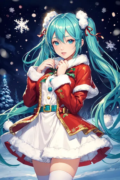 Detailed illustration of Miku from Vocaloid, in Santa's workshop at the North Pole. She is surrounded by snow with a magical Christmas feel. The artwork has a soft pastel color palette and intricate details. (Digital painting, concept art), <lora:epi_noiseoffset2:0.2>, <lora:more_details:0.2>