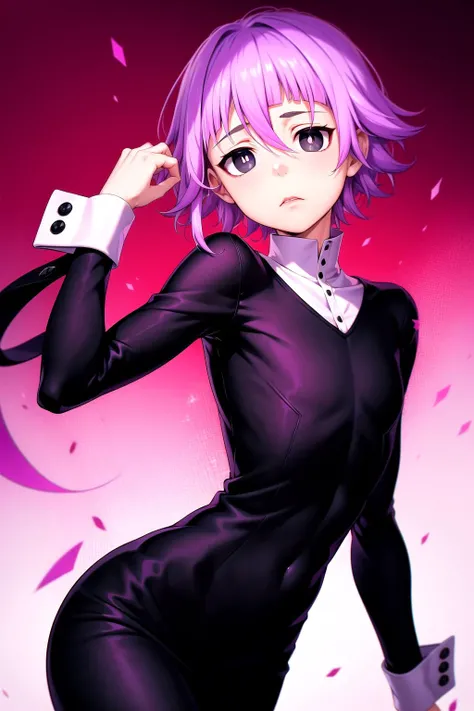 absurdres, best quality, androgynous, solo, looking at viewer, <lyco:GoodHands-beta2:1.0>, <lora:crona:0.5>, Crona, (nervous:1), (scared:0.75), (hand on own arm:0.5), cuff links, hair between eyes, black dress, purple hair, blunt bangs, closed mouth, hair flaps, long sleeves, solid circle pupils, black eyes,