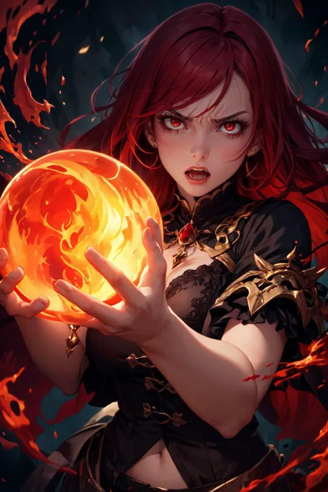 an enraged girl with a fiery red hair gazes into a crystal ball and summons demonic spirits., (highres, highly detailed:1.2), aesthetic, masterpiece, <lora:epi_noiseoffset2:0.2>, <lora:more_details:0.2>