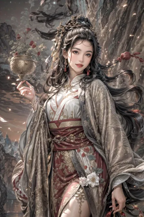 <(best quality, extremery best quality, masterpiece:1.4), (realistic, intricate details:1.4), (photorealistic:1.4), (extremely intricate:1.4), highres, ultra highres, ultra detailed, ultra-detailed, absurdres, incredibly absurdres, extremely detailed, high quality, high resolution, hyperrealistic, ultra-realistic, hyper-detailed, top quality, best, fine detail, massive detail, Highly detailed, extreme detailed, highest detailed, high-res, absolutely resolution, reflection, (refraction:1.4), (hyperrealism:1.4), ultra realistic details, highly intricate details>, BREAK, (1girl:1.3), solo, looking at viewer, (young cute beautiful 18-year-old girl:1.4), 3d face, (hand of Guido Daniele:1.4), beautiful girl, Beautiful face, pretty, girlface, kpop idol, supermodel, stunning innocent symmetry face, perfect body, medium breast, slim waist, slim legs, (high detailed skin:1.5), glowing eyes, goddess, natural skin texture, shiny skin, White skin, Beautiful detailed face, detailed face, real skin texture, cute delicate face, finely detailed face, golden ratio, golden ratio face, expressive eyes, perfect face, perfect skin, flawless face, clear face, shiny hair, pale skin, Proper body proportion, perfect anatomy, realistic skin texture, luscious lips, glossy lips, natural makeup, beautiful bright pupils, slender figure, intricate eyes, detailed pupils, detailed face and eyes, longeyelashes, blush, good hand, perfect hands, pretty face, beautiful female bodies, finely detailed skin, oily shiny skin, clean facial features, an extremely delicate and beautiful, cute & girly, beautiful detailed eyes, stars in the eyes, detailed simmetric eyes, perfect smooth skin texture, BREAK, (((((brilliant colors, (joshua middleton comic cover art, theater dance scene, hypermaximalist, ink painting, instagram contest winner, model pose, fashion color scheme, trending on cgsociety, playful illustrations, imaginative overlays, artistic fusion, fantastical scenes, evocative narratives, striking visuals:1.3), (Glowing ambiance, enchanting radiance, luminous lighting, ethereal atmosphere, mesmerizing glow, evocative hues, captivating coloration, dramatic lighting, enchanting aura:1.2), (moon, palace, Hibiscus, nymphaea, plum blossoms, a girl in hanfu, melanchonic soft light, photorealistic faces, moody lighting:1.4), (night, Night time, moon light, Golden Hour, sky, landscape, stars, starry, galaxy sky, milky way, night sky full of stars:1.2), (dancing, mountain, river, old tree, Ribbon, Elegant, She soared through the air in her flowing dress and fluttering ribbons, Graceful and graceful, pine trees, birds, moss, there is orange cat sitting near girl:1.2), (hanfu, ornaments detailed, traditional clothes, braids, water, jewelry, chinese clothes, earrings, sash, long sleeves, tree, petals, hair ornament, floating hair, dress, rock, falling petals, flower, chinese traditional architecture, ancient art, chinese style, Chinese, lake background, chinese buildings, misty lake, ancient chinese background, after the rain, wet grass and trees, waterfall, flying splashes, flying petals, leaves, bloom, bloom effect, surrounded by heavy floating petal flow, petal, leaves falling from the tree, peaceful atmosphere, mountainous backdrop, authentic cultural experience, quiet whispers, hushed conversations, tranquil silence, crisp air, soulful melodies, a sense of belonging, bonding with nature, quiet reflection, random patterns, energetic movement, bold colors, dynamic texture, spontaneous creativity:1.2), (smile, blush, Pink hair, Pink eye, long hair, Pink eyelashes, Pink lips, Pink lip colour, Eyes glowing Pink, flat bangs, happy expression, warm smile, cute smile, smiling:1.4), (long_hair, mountain background, forest, river in background, landscape, water reflection, outdoors:1.3), (mountains, breeze, dust is drifting, ethereal, scenery, nature, mysterious background, fog, wind:1.2), (iridescent colors, Iridescence, mysterious, fantasy background, fantasy, open mouth:1.2), (Luminescent Particles:1.3), (fullbody:1.2), (eye focus, face focus, character focus, close-up face:1.2), (dutch angle, cowboy shot:1.3), colorful refraction)))), BREAK, <hyper realistic DSLR photo, Nikon D5, cinematic portrait, portrait, ultra sharp, analog film photography, film emulation, bokeh, blurry noise background, watercolor, available light, detailed light, volumetric fog, beautiful lighting, Rembrandt lighting, Cinematic, pixel art, game art, key visual, surreal, PBR Texturing, Anisotropic Filtering, Maximum Clarity And Sharpness, Albedo And Specular Maps, Multi-Layered Textures, Surface Shading, Sub-Pixel Convolution, Sub-Pixel Convolution, Accurate Simulation Of Light-Material Interaction, blurry foreground, broad light, volumetric light effect, matte painting, perfectly defined features, volumetric lighting, Tone Mapping, Lumen Reflections, Global illumination, Ray Tracing, Screen Space Global Illumination, Accent Lighting, 32k, Natural Lighting, volumetric, cinematic masterpiece, Rule of thirds, high dynamic range, Multi-exposure HDR capture, cinematic render, game cg cinematic, atmospheric perspective, movie scene, epic dynamic frame, motion blur, ((cinematic look, Film look)), rim light, 4k textures, adobe lightroom, photolab, insane details, hyperdetailed, exposure blend, professional color grading, professional color correction, aerial perspective, particles and dust in beams of light, cinematic scene, dynamic lighting, sharp details, lomography, soft focus, light leaks, bold hues, atmospheric depth, (explosive light and shadow:1.2), aesthetics, intricate designs, ultra realistic digital art, (zentangle, mandala, tangle, entangle), (fractal art), elegant, vivid colours, floating particles, particles, dramatic, epic, (ink drawing, oil painting detailed), RAW, huge filesize, extremery detailed CG, Photo, 8k uhd, cinematic atmosphere, trending on artstation, award-winning glamour photograph, highly detailed photo, official art, beautiful and aesthetic, unity 8k wallpaper, beautiful, highly detailed CG illustration, best illustration, intricate, Amazing, emotional, analog, painting, digital painting, concept art, Oil Painting, illustration, Classical art, Renaissance, Romanticism, Neoclassicism, Color Palette, depth and contrast, Vibrant colors, saturated, rich saturation, color harmony, vivid palette, concept-art, design style, detail character, concept render, colorful, analog photography, dreamy atmosphere, specular highlights, atmospheric lighting, (dynamic angle, dynamic pose :1.3), (shiny, clothes reflecting light, lens flare, bloom effect, light particle, lens glare:1.3), realistic light, realistic lighting, cinematic light, (cinematic lighting), light in the face, soft lighting, saturated colors, detailed background, sharp focus, 8k high definition, perspective, Master Composition, roughness, post-processing, soft shadows, realistic shadows, ambient occlusion, ray-tracing, subsurface scattering, photon mapping, physically-based rendering, octane rendering, unreal engine 5, ue5 rendering, Adobe After FX, dslr, RTX, Best character details, radiosity, sharp, antialiased, RAW photo, HDR, 8k, 4k, (((Photographed by Roger Deakins, using a RED Monstro 8K VV camera and a series of high-end lenses))), ((Hasselblad photography)), (film grain:1.4), Kodak portra 400, ((Fujifilm X-T5)), professional photograph, depth of field, caustics, Broad lighting, diffuse lighting, rim lighting, two tone lighting, textile details, visible pores, high resolution scan, professionally color graded, photographic reality, automatic white balance, best lighting, detailed shadow, high contrast, strong light and shadow>, (PureErosFace_V1:0.3), (ulzzang-6500:0.7), <lora:epiNoiseoffset_v3:2>, <lora:add_detail:0.7>, <lora:hipoly_3dcg_v7-epoch-000012:0.7>, (kbxll:0.7), <lora:more_details:0.7>, <lora:anxiang:0.55>