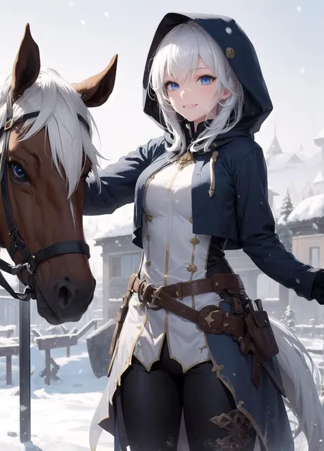 masterpiece, best quality, 1girl, snow, light smile, blue eyes, white hair, hood, dynamic pose, knight, horse,
