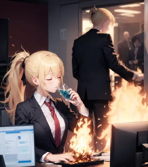 blonde hair, office, burning, fire, necktie, formal, 1girl, suit, shirt, closed eyes, drinking, long hair, ponytail, pants, jacket, ponytail, monitor,
