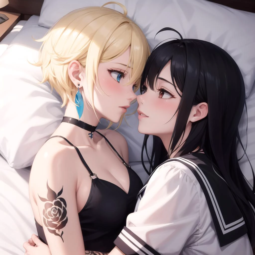 absurdres, best quality, 2girls, eye contact, from above, on side, on bed, <lyco:GoodHands-beta2:1.0>, yuri
BREAK
very short hair, blonde hair, earrings, tattoo, choker, pixie cut, tomboy, blush, (panicking:0.25), (embarrased:0.25), (lovestruck:0.1) messy hair, black theme
BREAK
long hair, black hair, serafuku, (lovestruck:0.25), (smile:0.69)