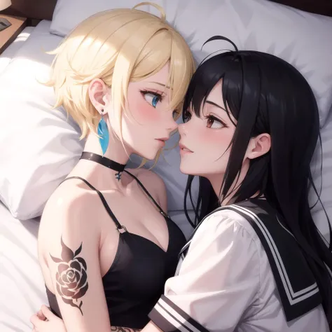 absurdres, best quality, 2girls, eye contact,  from above, on side, on bed, <lyco:GoodHands-beta2:1.0>, yuri
BREAK
very short hair, blonde hair, earrings, tattoo, choker, pixie cut, tomboy, blush, (panicking:0.25), (embarrased:0.25), (lovestruck:0.1) messy hair, black theme
BREAK
long hair, black hair, serafuku, (lovestruck:0.25), (smile:0.69)