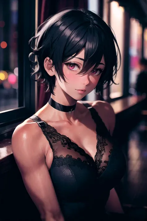 <lora:LowRA:1>, dark theme, absurdres, best quality, [1boy:1girl:0.2], tomboy, solo, very short hair, pixie cut, tan, (muscular:0.9), (large breasts:1), (medium breasts: 0.25), messy hair, night, aroused, lovestruck, looking at viewer, (full-face blush:0.75), choker