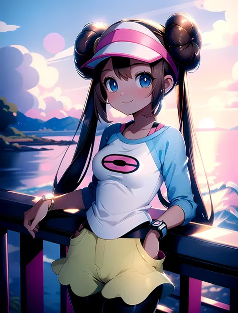 (masterpiece, best quality:1.2), 1girl, cute, cute!, rosa \(pokemon\), brown_hair, double_bun, doughnut_hair_bun, hair_between_eyes, hair_bun, highres, long_hair, nintendo, pantyhose, pantyhose_under_shorts, pokemon, pokemon_(game), pokemon_bw2, raglan_sleeves, rosa_(pokemon), shorts, sleeves_past_elbows, twintails, visor_cap, yellow_shorts, :D, sunset, landscape, smile, <lora:Nijicute_20230623024115:0.8>, <lora:rosa_(pokemon)_v10:1>, <lora:more_details:0.33>, <lyco:GoodHands-beta2:0.99>