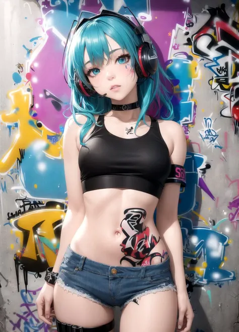 masterpiece, best quality, 1girl, solo, crop top, denim shorts, choker, (graffiti:1.5), paint splatter, arms behind back, against wall, looking at viewer, armband, thigh strap, paint on body, head tilt, bored, multicolored hair, aqua eyes, headset,