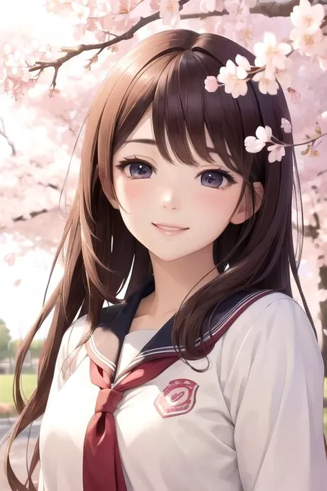 Cherry blossoms, park, falling cherry blossoms, school uniform, smile, gentle breeze