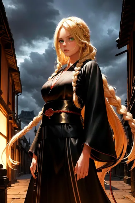 (full height 1girl:1.2), 1 green eyed girl with ultra long blonde hair (single:1.2) braid, 18yo, (detailed ancient city background:1.1), fighter with red knuckles, knuckleduster, (shinigami, black kimono:1.2), looking at viewer, hyperdetailed, white coat, <lora:unohanaretsu-nvwls-v1:0.6> , ( digital painting), (artstation:1.2), (masterpiece) (best quality) (detailed) (8k) (cinematic lighting) (sharp focus) (intricate) <lora:add_detail:0.44>