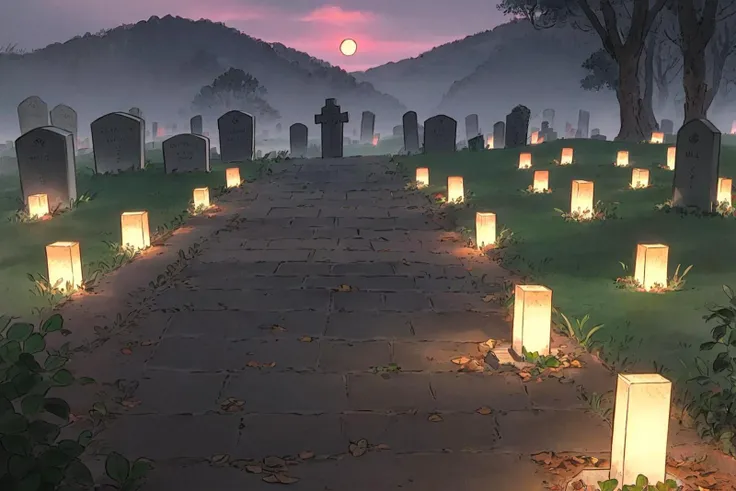 masterpiece, ultra-detailed, best quality, illustration, 8k cg wallpaper, an extremely delicate and beautiful, stunning landscape, graveyard, gravestones, dirt path, lanterns, candles, intricately detailed items in background, <lora:TPK:1>