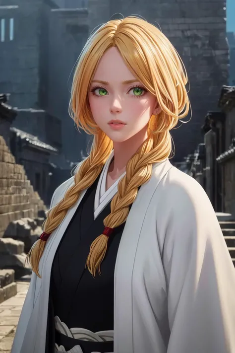 (full height 1girl:1.2), 1 green eyed girl with ultra long blonde hair (single:1.2) braid resting afrer a fight, 18yo warrior, (detailed ancient city background:1.1), (fighter with red knuckles:1.2), (shinigami, black kimono:1.2), looking at viewer, hyperdetailed, white coat, <lora:unohanaretsu-nvwls-v1:0.7> , ( digital painting), (artstation:1.2), (masterpiece) (best quality) (detailed) (8k) (cinematic lighting) (sharp focus) (intricate) <lora:add_detail:0.44> <lora:bleach_style_offset:0.6> bleach_style