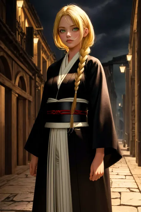 (full height 1girl:1.2), 1 green eyed girl with ultra long blonde hair (single:1.2) braid, 18yo, (detailed ancient city background:1.1), fighter with red knuckles, knuckleduster, (shinigami, black kimono:1.2), looking at viewer, hyperdetailed, white coat, <lora:unohanaretsu-nvwls-v1:0.6> , ( digital painting), (artstation:1.2), (masterpiece) (best quality) (detailed) (8k) (cinematic lighting) (sharp focus) (intricate) <lora:add_detail:0.44>