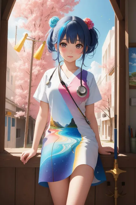 1girl, (art by Kevin Sloan:0.7) , artistic Unity Engine, underpainting, landscape of a Basic Elevated ([The Staff of Moses|Hospital]:1.3) from inside of a Chichen Itza, covered in Vivid paint, dripping paint Corsican space and fauna, Foggy, Detailed illustration, Shameless, Kawaii anime, rim light, Depth of field 270mm, Primary Colors, rainbow swirl, Light sparkles, Highres, ultra high res