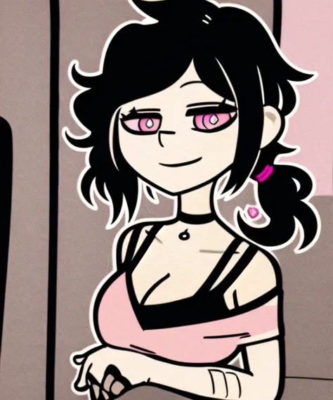 <hypernet:Ashley:1>, masterpiece, best quality, 4K, 8K, high resolution, 1girl, black hair, pink colored eyes, pink colored pupils, smile, black shirt, bra straps, black collar