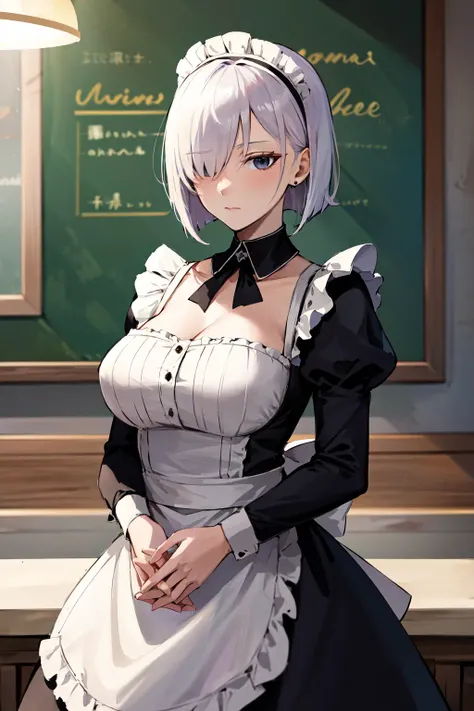 masterpiece, best quality, highres, fiona1, spy x family, hair_over_one_eye, solo, earring, breasts, <lora:fiona_frost_v1:0.7>, expressionless, cowboy shot, maid, maid headdress, own hands together, cafe,