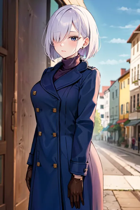 masterpiece, best quality, highres, fiona1, spy x family, hair_over_one_eye, solo, brown gloves, blue coat, buttons, jewelry, turtleneck, earring, breasts, <lora:fiona_frost_v1:0.7>, expressionless, cowboy shot, outdoors