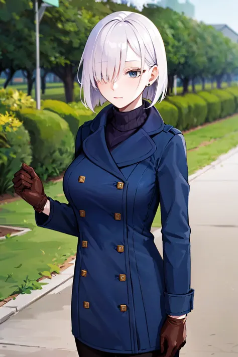 masterpiece, best quality, highres, fiona1, spy x family, hair_over_one_eye, solo, brown gloves, blue coat, buttons, jewelry, turtleneck sweater, earring, breasts, <lora:fiona_frost_v1:0.7>, expressionless, cowboy shot, outdoors,
