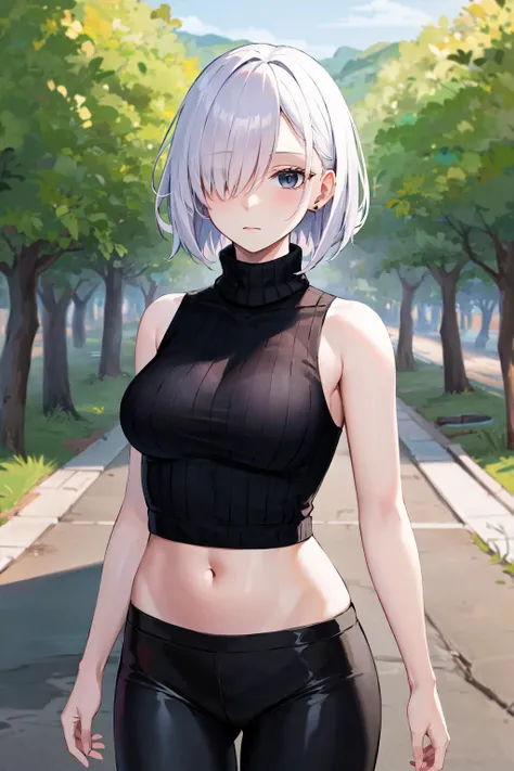 masterpiece, best quality, highres, fiona1, spy x family, hair_over_one_eye, solo, jewelry, turtleneck sweater, <lora:fiona_frost_v1:0.7>, expressionless, midriff, black leggings, outdoors, sleeveless,