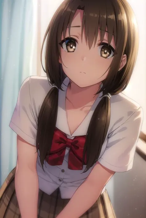 taekohiramatsu, <lora:taeko hiramatsu s2-lora-nochekaiser:1>,
taeko hiramatsu, brown hair, twintails, (brown eyes:1.5), hair over shoulders,
BREAK skirt, bow, school uniform, serafuku, plaid, red bow, brown skirt,
BREAK indoors,
BREAK looking at viewer, (cowboy shot:1.5),
BREAK <lyco:GoodHands-beta2:1>, (masterpiece:1.2), best quality, high resolution, unity 8k wallpaper, (illustration:0.8), (beautiful detailed eyes:1.6), extremely detailed face, perfect lighting, extremely detailed CG, (perfect hands, perfect anatomy),
