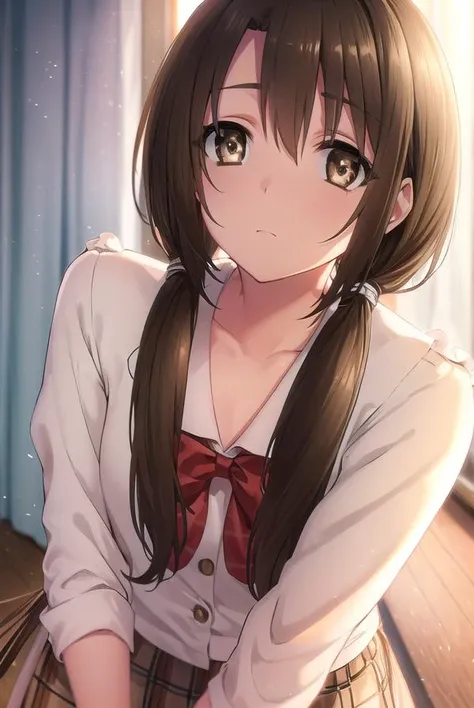 taekohiramatsu, <lora:taeko hiramatsu s2-lora-nochekaiser:1>,
taeko hiramatsu, brown hair, twintails, (brown eyes:1.5), hair over shoulders,
BREAK skirt, bow, school uniform, serafuku, plaid, red bow, brown skirt,
BREAK indoors,
BREAK looking at viewer, (cowboy shot:1.5),
BREAK <lyco:GoodHands-beta2:1>, (masterpiece:1.2), best quality, high resolution, unity 8k wallpaper, (illustration:0.8), (beautiful detailed eyes:1.6), extremely detailed face, perfect lighting, extremely detailed CG, (perfect hands, perfect anatomy),