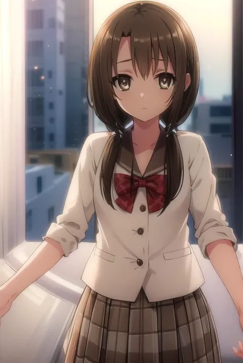 taekohiramatsu, <lora:taeko hiramatsu s2-lora-nochekaiser:1>,
taeko hiramatsu, brown hair, twintails, (brown eyes:1.5), hair over shoulders,
BREAK skirt, bow, school uniform, serafuku, plaid, red bow, brown skirt,
BREAK indoors,
BREAK looking at viewer, (cowboy shot:1.5),
BREAK <lyco:GoodHands-beta2:1>, (masterpiece:1.2), best quality, high resolution, unity 8k wallpaper, (illustration:0.8), (beautiful detailed eyes:1.6), extremely detailed face, perfect lighting, extremely detailed CG, (perfect hands, perfect anatomy),