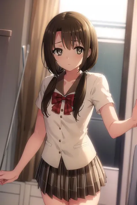 taekohiramatsu, <lora:taeko hiramatsu s2-lora-nochekaiser:1>,
taeko hiramatsu, brown hair, twintails, (brown eyes:1.5), hair over shoulders,
BREAK skirt, bow, school uniform, serafuku, plaid, red bow, brown skirt,
BREAK indoors,
BREAK looking at viewer, (cowboy shot:1.5),
BREAK <lyco:GoodHands-beta2:1>, (masterpiece:1.2), best quality, high resolution, unity 8k wallpaper, (illustration:0.8), (beautiful detailed eyes:1.6), extremely detailed face, perfect lighting, extremely detailed CG, (perfect hands, perfect anatomy),
