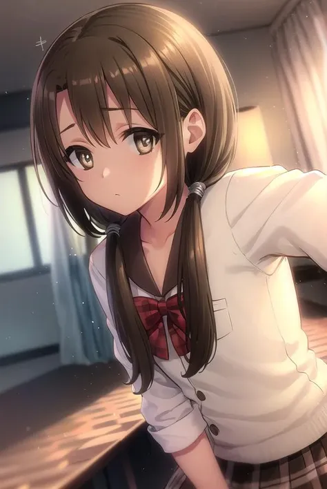 taekohiramatsu, <lora:taeko hiramatsu s2-lora-nochekaiser:1>,
taeko hiramatsu, brown hair, twintails, (brown eyes:1.5), hair over shoulders,
BREAK skirt, bow, school uniform, serafuku, plaid, red bow, brown skirt,
BREAK indoors,
BREAK looking at viewer, (cowboy shot:1.5),
BREAK <lyco:GoodHands-beta2:1>, (masterpiece:1.2), best quality, high resolution, unity 8k wallpaper, (illustration:0.8), (beautiful detailed eyes:1.6), extremely detailed face, perfect lighting, extremely detailed CG, (perfect hands, perfect anatomy),