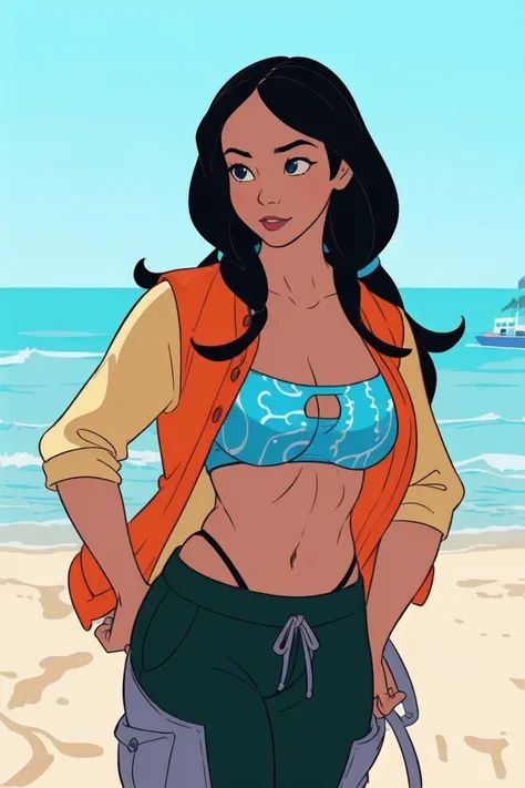 girl, (disney:1.4), (contrast,vibrant,sketch:1.3), (hotify,digital art,fit,hot body,instagram:1.2), (milf:1.4), (Interior,Beach Background:1.4),Chubby,Big Breasts,(Relaxing),Long Hair,Thatch hair,(auburn Flight Jacket,white Cargo Pants:1.3),Dragon Quest,Bandeau Bra ,(masterpiece,detailed,highres:1.4) <lora:pear:0.6>