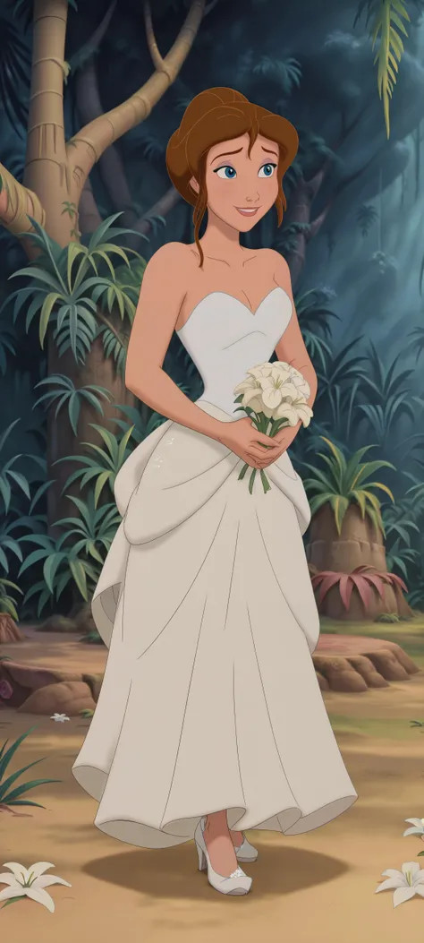 score_9, score_8_up, score_7_up, 1girl, sexy girl, jane porter, full body, brown hair, blue eyes, smile, jungle background, in a clearing, jungle trees, weared white wedding dress, bouquet of white flowers in hand, ja_po, bright sunny day <lora:pear_xl:0.8> <lora:Jane_Porter:0.8>