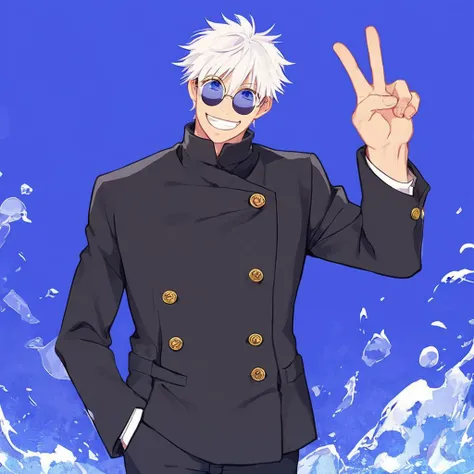 score_9, score_8_up, score_7_up,
SatoruGojo, solo, looking at viewer, smile, short hair, long sleeves, 1boy, hair between eyes, school uniform, standing, jacket, male focus, cowboy shot, pants, hand up, grin, black jacket, v, blue background, black pants, sunglasses, hand in pocket, high collar, round eyewear,glasses,
 <lora:GojoSatoruPony19:0.6>