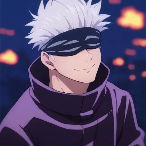 score_9, score_8_up, score_7_up,
SatoruGojo, solo, smile, short hair, long sleeves, 1boy, closed mouth, jacket, upper body, male focus, blurry, night, blurry background, high collar, blindfold, covered eyes, black blindfold, purple jacket,
 <lora:GojoSatoruPony19:0.6>