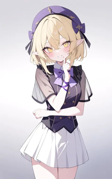 1girl,
binggong asylum, onineko,
skirt, standing, skirt, looking at viewer, blush, signature, blush stickers, eyelashes, bowtie, gradient background, see-through sleeves, finger to cheek, pointy ears, adapted costume, short sleeves, see-through, purple dress, collared shirt, parted lips, cowboy shot, hair between eyes, white skirt, smile, yellow eyes, bow, purple bow, solo, fingernails, miniskirt, short hair with long locks, blonde hair, purple bowtie, purple headwear, dress, ribbon, shirt, holding own arm, sidelocks, framed, arm ribbon,
masterpiece, newest, absurdres, safe