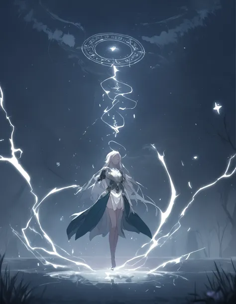 a woman wearing high garden magical clothes, magical particles, magic stream, white mists, summons a lightning spirit from a magic circle drawn on the ground, glowing wisps, darkness surrounding, at night