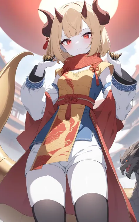 1girl, 
upper thighs shot, from below, (small breasts:1.3), grey skin, eagle, breasts, print scarf, toggado and mother, wide sleeves, slavic clothes, shorts, puffy sleeves, scarf, scales, blue dress, collared dress, short hair, chinese clothes, armor, dragon, solo, dress, light smile, blonde hair, gold dress, blurry foreground, tuba, looking at viewer, depth of field, new year, tassel, blurry background, print dress, high heels, arm blade, black legwear, short shorts, white shorts, dragon horns, bowl cut, china, closed mouth, cloud print, shoulder armor, standing, colored skin, thighhighs, claw ring, feet out of frame, chinese knot, blunt tresses, dragon tail, black footwear, frown, puffy long sleeves, spiked horns, double-breasted, red theme, legs, hands up, white skin, gamingday, red eyes, shoes, tegaki, lips, frills, horns, outdoors, pauldrons, 
masterpiece, newest, absurdres, sensitive