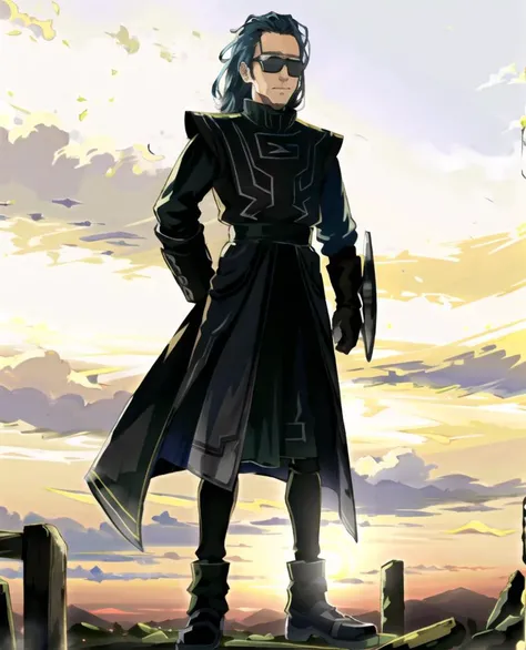 ligne claire,ardos,1boy,long hair,standing,facing viewer,full body,solo,character focus,sunglasses,armor,uniform, <lora:Ardos-07:0.65>,