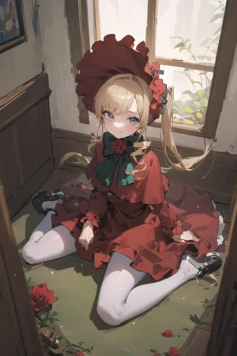(masterpiece,best quality, detailed), indoors, looking at viewer, 1girl, solo, full body, from above, smile, sitting, wariza,
original outfit, 1girl, solo, dress, bonnet, flower, red dress, looking at viewer, rose, white pantyhose<lora:shinku-pynoise-000009:1>